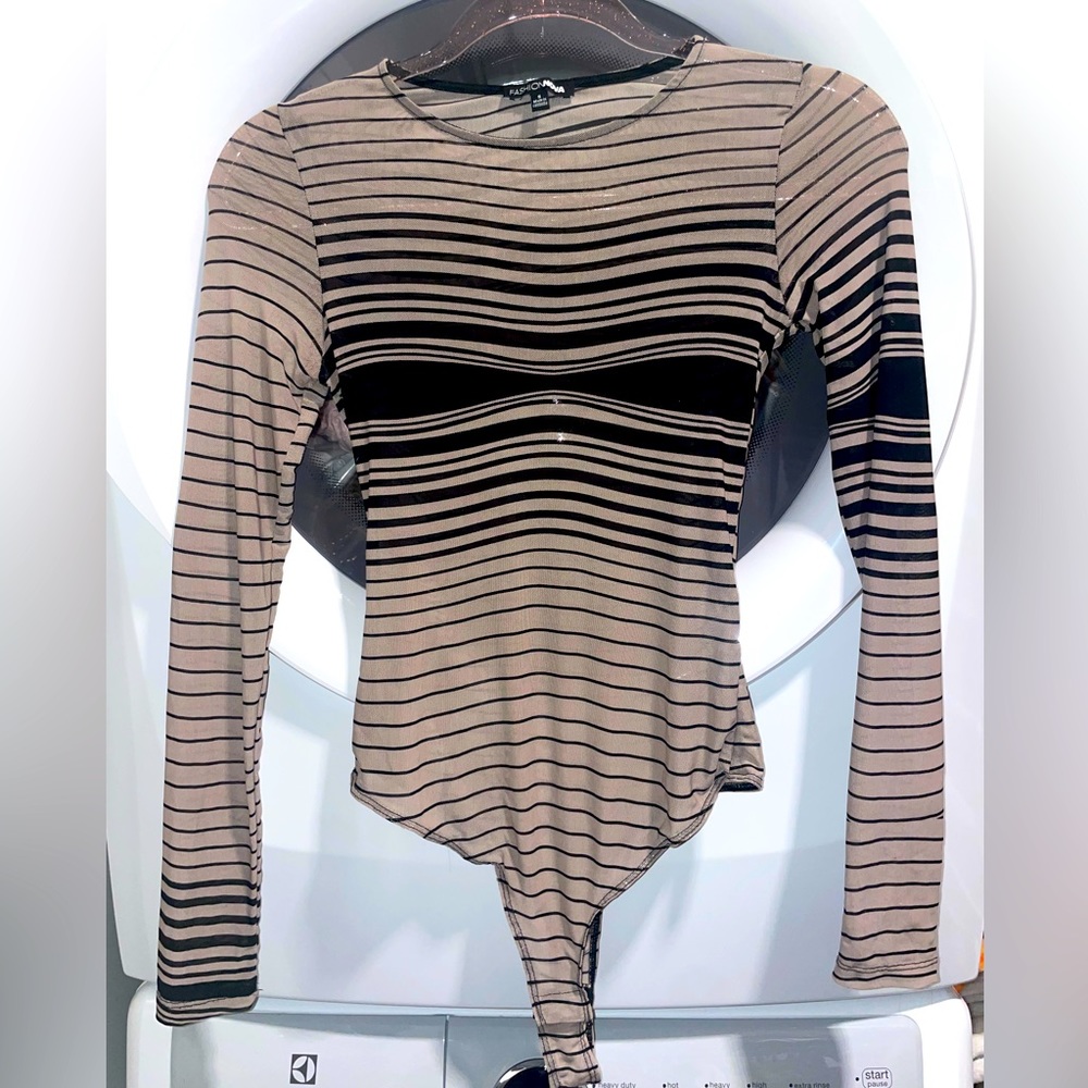 FashionNova Mesh Bodysuit in Tan & Black stripes
